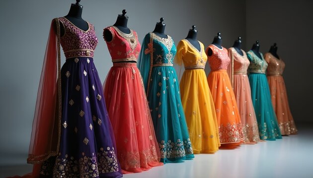 Collection of colorful Indian dresses on mannequins. Ethnic lehenga choli outfits feature gold embroidery and sparkling details. Festive apparel displayed in studio, perfect for celebrations.