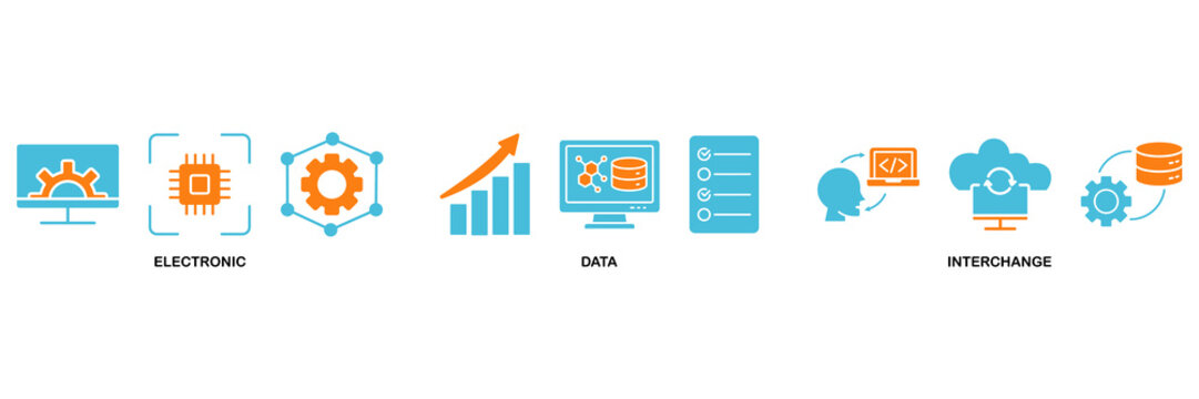 EDI icon set Aqua Orange Flat concept for electronic data interchange of business documents standard format with a cloud server, exchange, database, file, chart, automation, and process icon