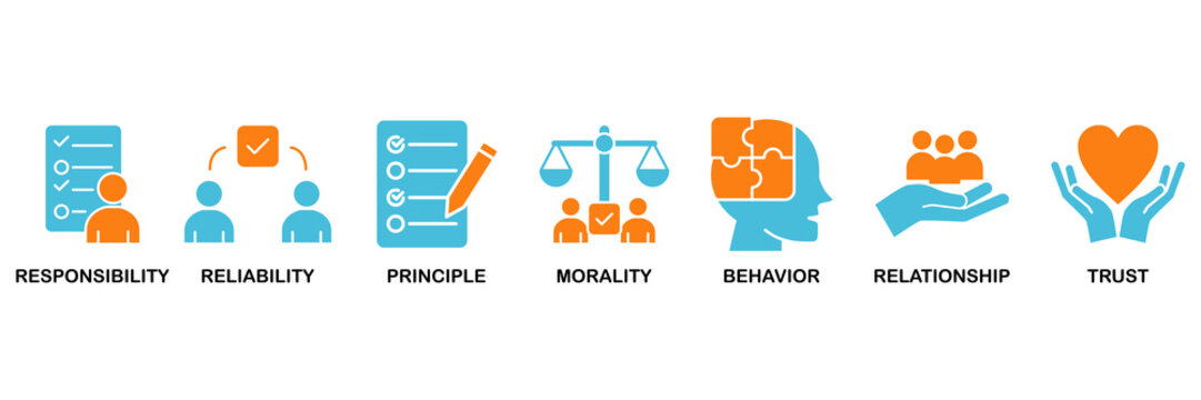 Business ethics icon set Aqua Orange Flat concept for web and print with an icon of responsibility, reliability, principle, morality, behavior, relationship, and trust�