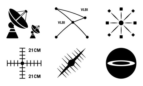 Astronomy and radio telescope icons including satellite dishes and radio waves on white background