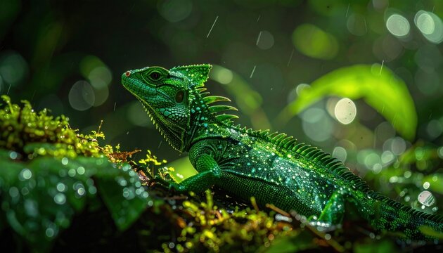 Green basilisk lizard with scaly hide and rain drops in lush forest habitat