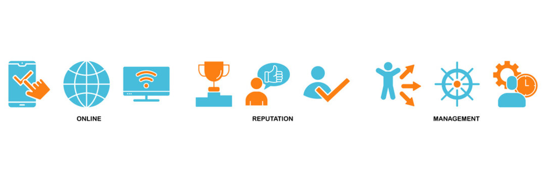 ORM icon set Aqua Orange Flat concept for online reputation management with icon of internet, browser, winner, trust, favorite, and business