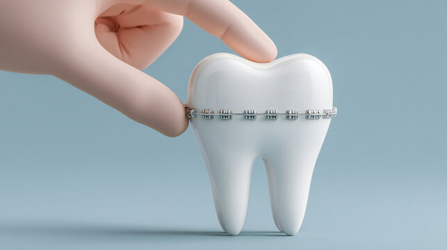 Hand adjusting braces on tooth model with orthodontic brackets on blue background. Teeth alignment, orthodontic treatment, smile correction and modern dental care concept.