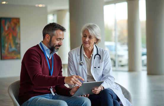 Man in sweater shows tablet data to doctor in lab coat. They discuss medical results in clinic hallway. Doctor listens attentively to rep, considering treatment options.