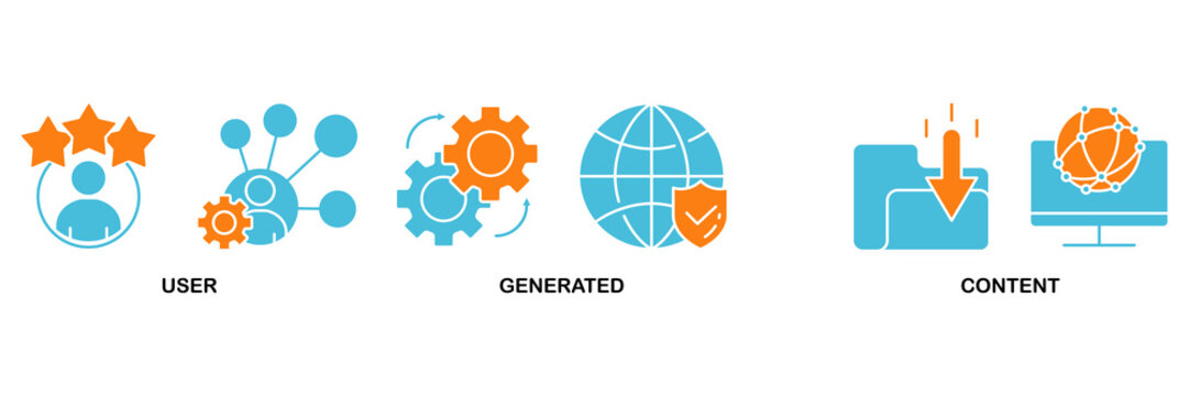 UGC icon set Aqua Orange Flat concept for user-generated content with icon of people, network, process, engine, click, internet, website, archive and browser