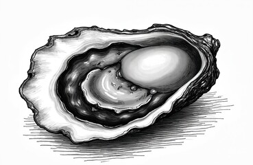 Fototapeta premium Detailed black and white ink sketch of a single open oyster. The illustration features delicate line work, shading, and a vintage feel. Perfect for food blogs, menus, or culinary art.