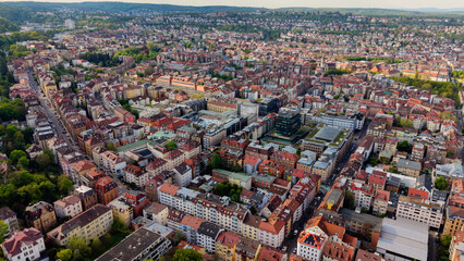 Obraz premium A panoramic aerial view above Stuttgart west of Stuttgart the capitol city of Baden-Württemberg in Germany on a sunny spring day