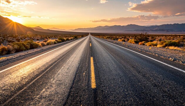 Long, Empty Desert Highway Stretching Towards a Golden Sunset Over Distant Mountains