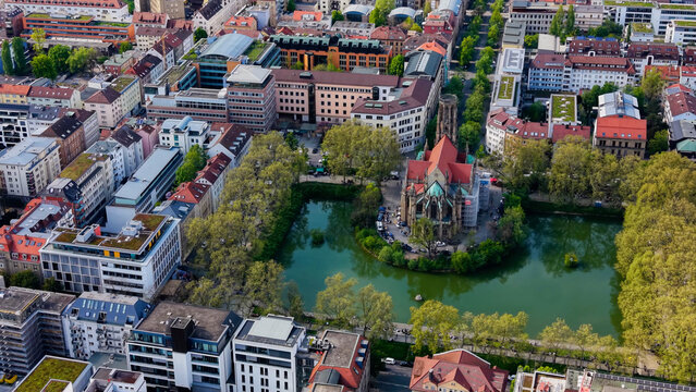  A panoramic aerial view above the Feuersee Church in Stuttgart, the capitol city of Baden-W&uuml;rttemberg in Germany on a sunny spring day