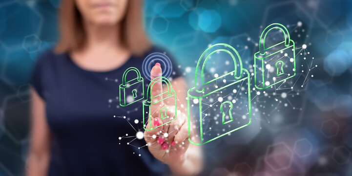 Woman touching a network security concept