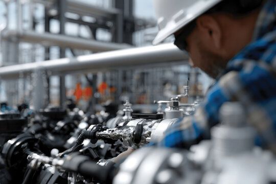 A worker is focused on adjusting equipment in a modern industrial environment, showcasing the technical skills required in the engineering and manufacturing sectors.