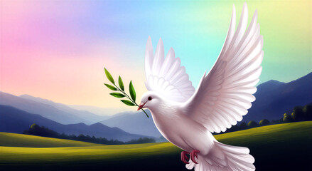 Fototapeta premium Beautiful white dove flying gracefully with olive branch in beak over scenic mountain landscape at sunrise