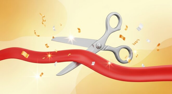 Silver scissors cutting red ribbon with golden confetti falling in celebration of grand opening