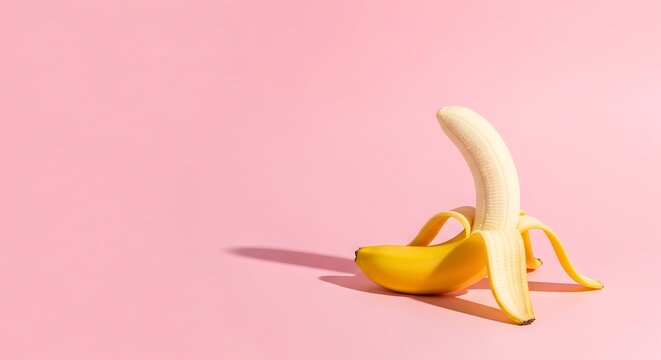 Pisang setengah terkupas berdiri tegak dengan latar belakang merah muda