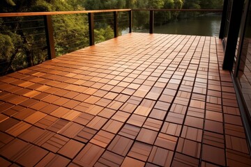 Obraz premium Wood tile deck providing an outdoor living space with scenic river and nature views