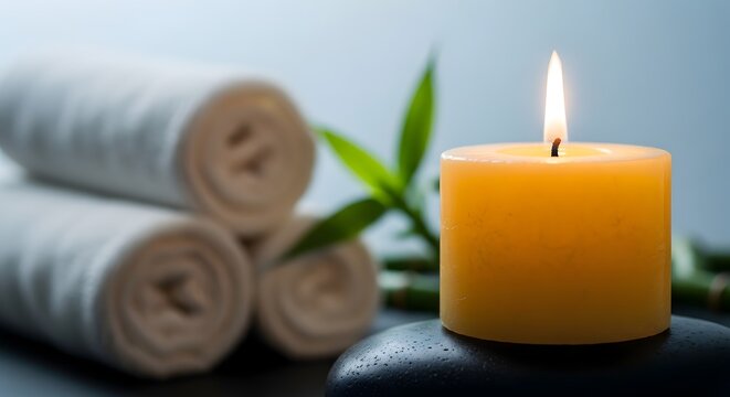 Lilin Menyala dengan Handuk Gulung dan Daun Bambu untuk Konsep Spa