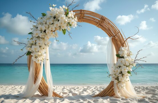 Round bamboo wedding arch with white orchids adorns sandy beach. Flowing sheer fabric drapes elegantly against turquoise ocean backdrop. Celebration setup awaits seaside ceremony.