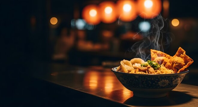 Semangkuk Mie dengan Pangsit Rebus dan Goreng Asap Mengepul