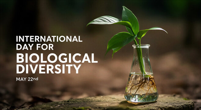 Celebrate international day for biological diversity with a small plant growing in a glass beaker filled with water