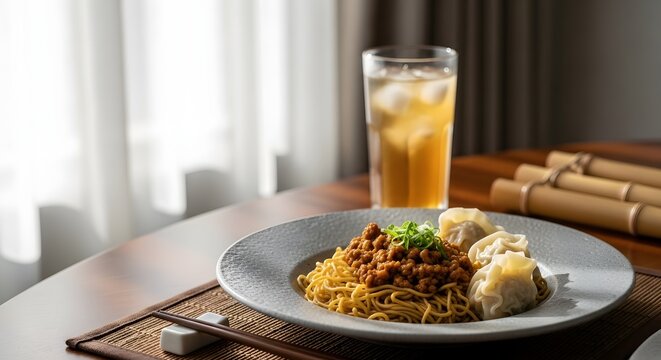 Hidangan Mie Kering Daging Cincang dengan Pangsit dan Es Teh