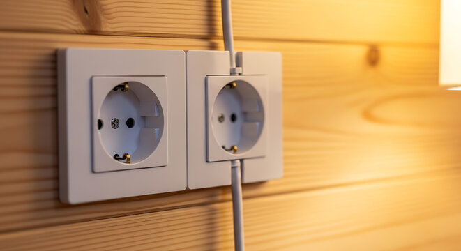 Two white electrical outlets mounted on a wooden wall with a cable
