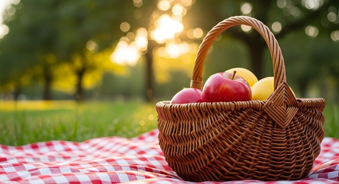 Keranjang Anyaman Berisi Apel Segar di Atas Tikar Piknik