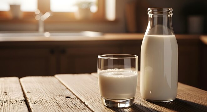 Segelas dan Sebotol Susu Segar di Atas Meja Kayu Dapur