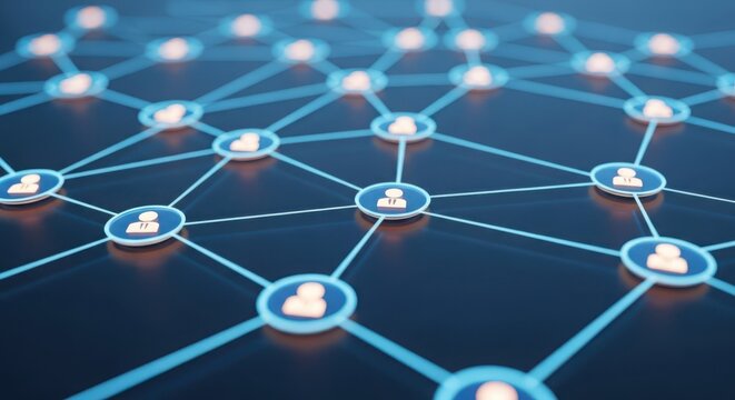 Glowing Digital Network of Connected People Icons on a Dark Blue Background
