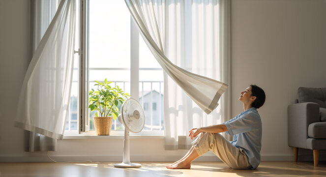Woman sitting on the floor cooling down with an electric fan. Female relaxing at home by an open window during a summer heatwave