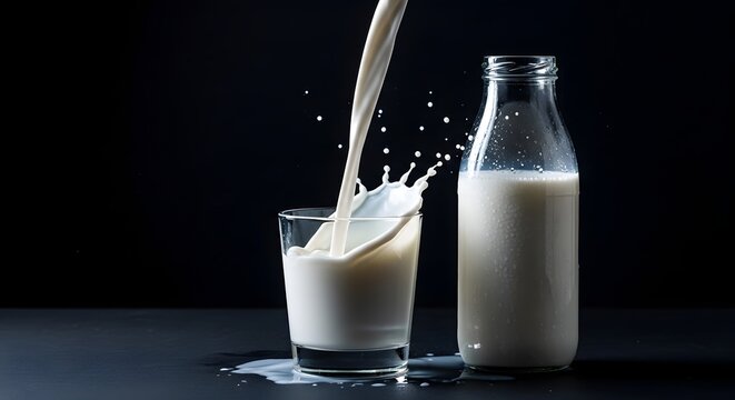 Tuangan Susu Segar ke Dalam Gelas Membuat Cipratan di Latar Hitam