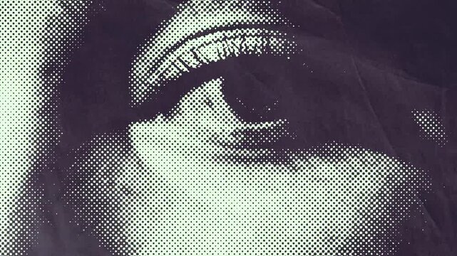Halftone Animation of a Close-up Woman Eye with Dual Tone Color