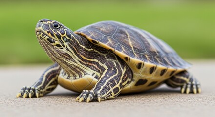 Fototapeta premium Detailed Close-up of a Turtle on a Concrete Surface.