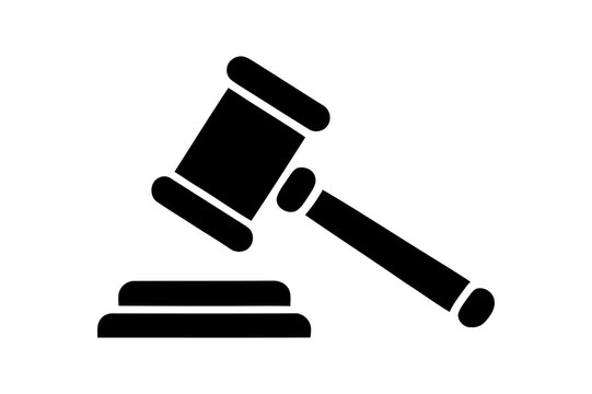 A black vector graphic of a gavel and sound block on a white background