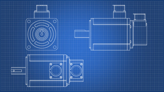 AC Servo Motor for CNC - Stepper Motor. Orthographic view - side views, front and top. 3D rendering isolated on blue background. Ideal for professionals, educational, engineering design