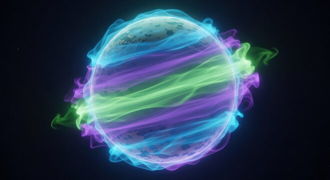 Abstract glowing planet surrounded by ethereal neon light rings in deep dark outer space