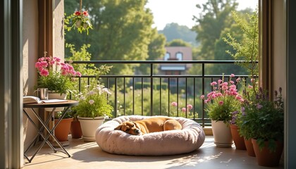 Obraz premium Dog rests on soft bed on sunny balcony with blooming potted plants. Enjoying peaceful day outdoors near green summer garden, home comfort and relaxation.