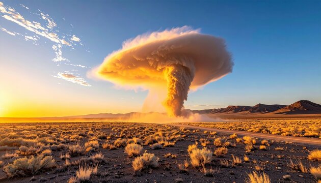 Giant dust devil with glowing cloud formations swirling across a dry desert landscape at sunset
