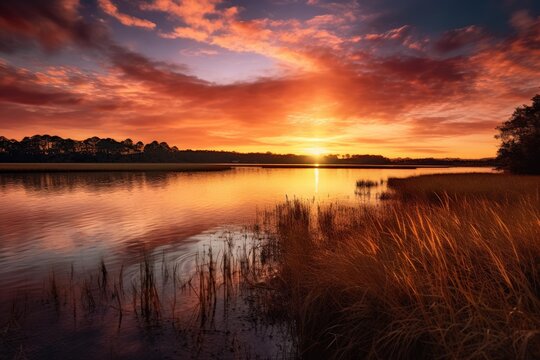Sunset illuminating a marsh with vibrant colors reflecting on calm water