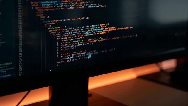 コードの一行一行を際立たせるモニター接写で作業の緊張感