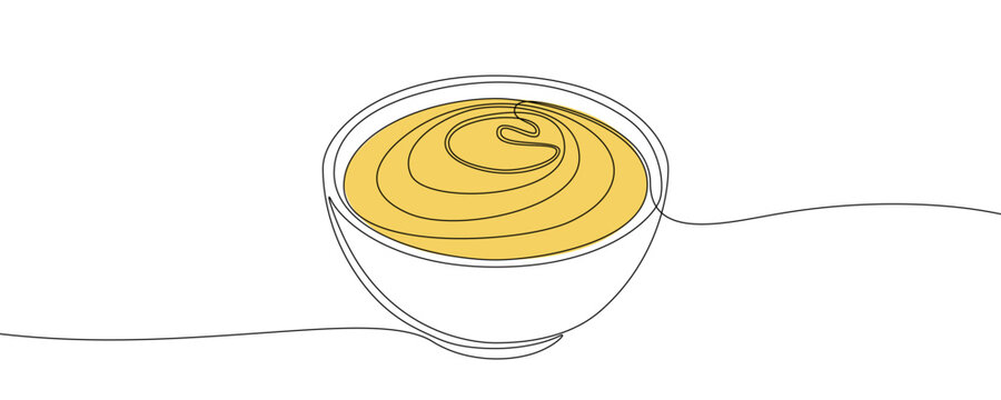 Illustration of a bowl with yellow sauce, made in one continuous line. Minimalistic drawing of a sauce boat with mustard or cheese dip in the style of one line art. Vector illustration.