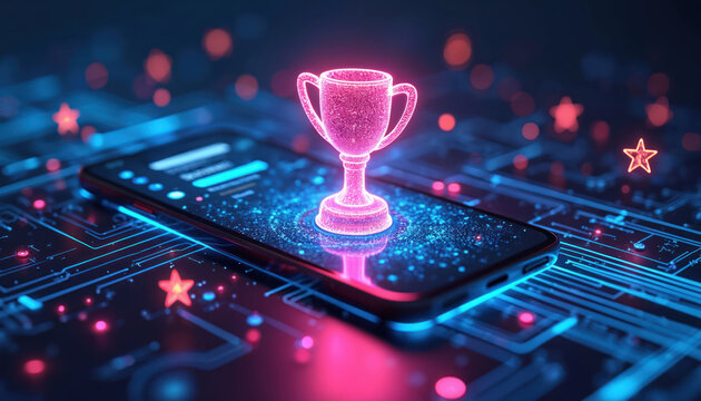 Digital trophy appears on glowing smartphone screen. Futuristic mobile app displays level up progress bar. Neon lights, stars, and circuits signify achievement and success in education.