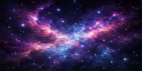 A deep blue nebula glows within a dark starry universe, featuring a bright galaxy and abstract constellations across the vast, black outer space of a fantasy night sky © Alpha Designs