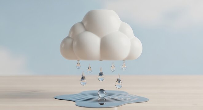 Minimalist 3d render of white cloud raining water droplets onto a puddle on a wooden surface