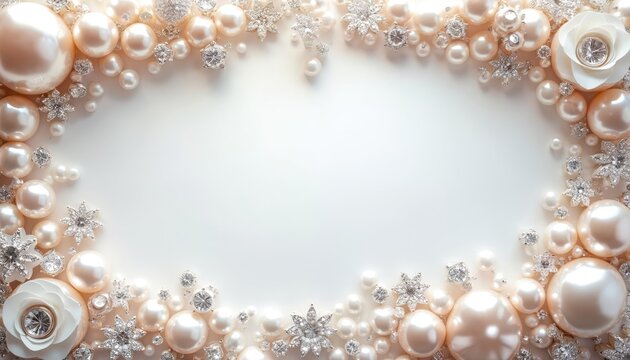 Frame of shiny pearls and sparkling diamonds adorns empty space. Elegant composition features rose flowers and snowflake jewels. Luxurious decoration for special events.