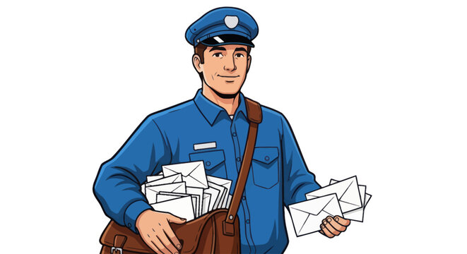 Friendly male postman holding mail envelopes and postal bag in comic book style illustration