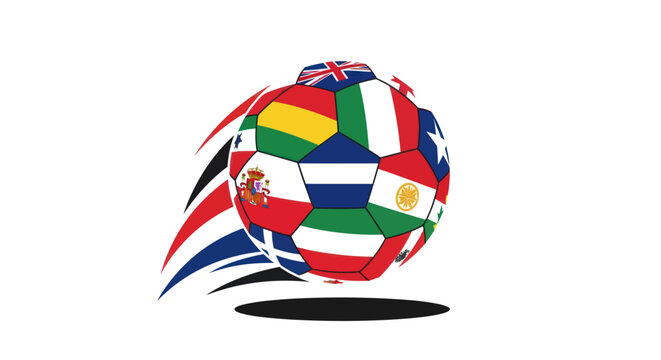 Fast moving soccer ball with international flags on a white background