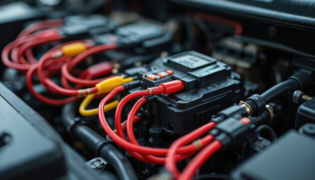 Automotive electrical system close up with red yellow wires connected to black control module. Complex car wiring harness assembly for auto power.