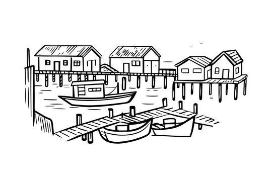 Waterfront village with houses on stilts boats docks stilt houses fishing village line art hand drawn architecture building transport illustration minimalist neighborhood maritime