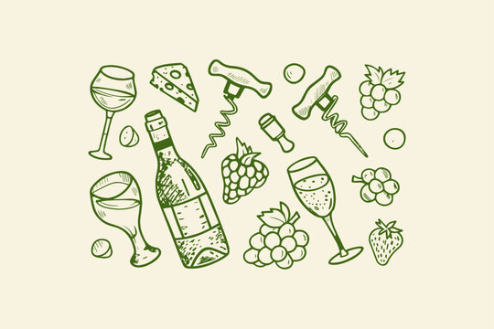 Wine and cheese celebration elements including a bottle of wine glasses corkscrews grapes strawberries green outline on beige with wine glass party elements food and drink alcoholic bever