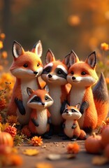 Fototapeta premium Cute family of fox and raccoon figurines arranged with autumn flowers and pumpkins. These adorable characters represent a joyful woodland gathering in nature.